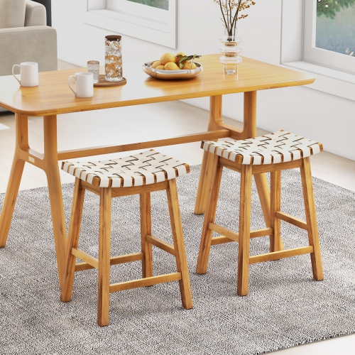 Costway Woven Saddle Stools Set of 2 25.5" Faux PU Leather Counter Height Kitchen Stool