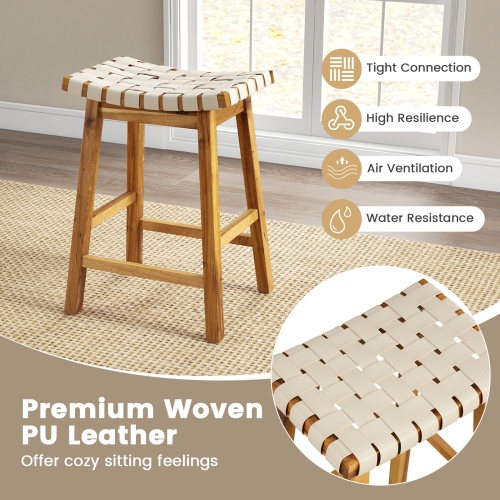 Costway Woven Saddle Stools Set of 2 25.5" Faux PU Leather Counter Height Kitchen Stool