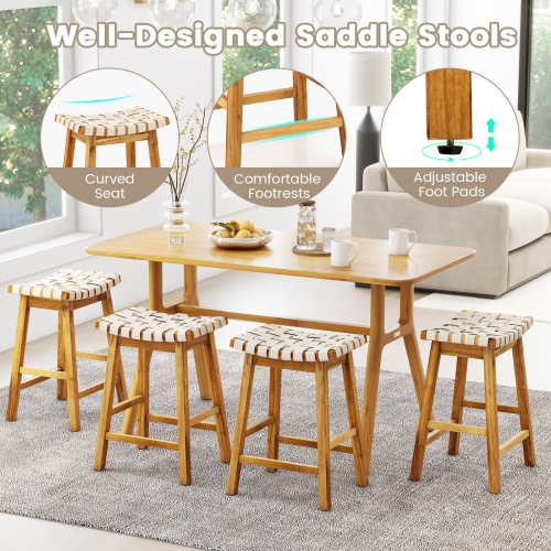 Costway Woven Saddle Stools Set of 2 25.5" Faux PU Leather Counter Height Kitchen Stool