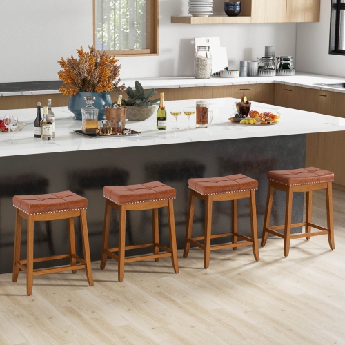 Ensemble de 4 tabourets de bar de Costway avec siège en cuir de polyuréthane et repose-pieds en bois de caoutchouc massif