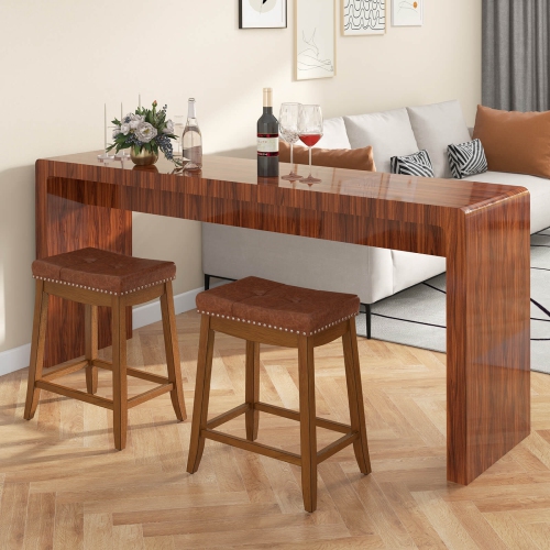 Costway Saddle Bar Stools Set of 2 with PU Leather Seat Solid Rubber Wood Frame Footrest