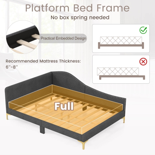 Costway Full Size Upholstered Daybed Rivet-Tufted Platform Bed with Metal Legs Wood Slats