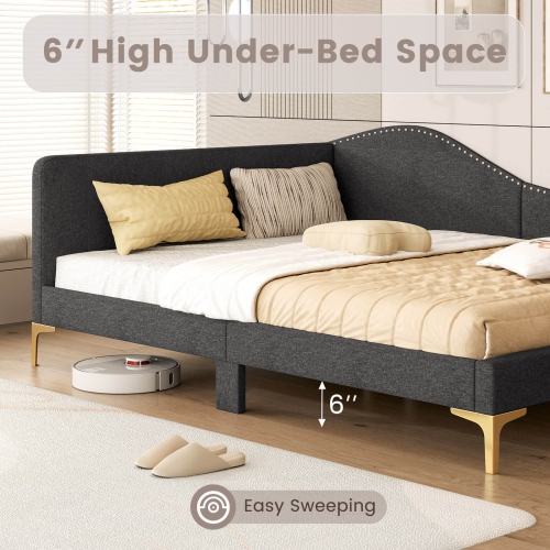 Costway Full Size Upholstered Daybed Rivet-Tufted Platform Bed with Metal Legs Wood Slats