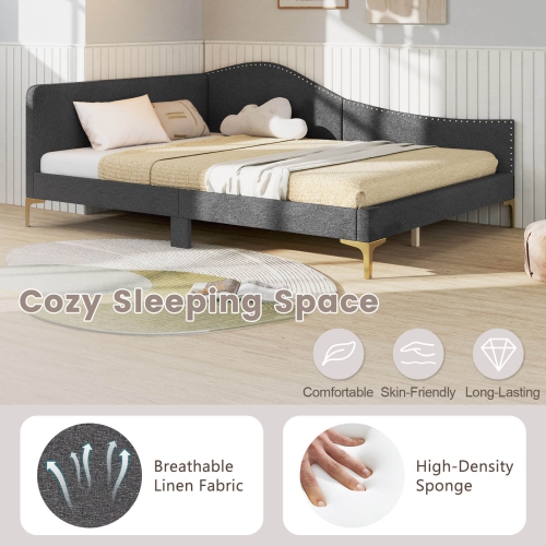 Costway Full Size Upholstered Daybed Rivet-Tufted Platform Bed with Metal Legs Wood Slats