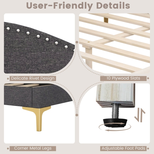 Costway Full Size Upholstered Daybed Rivet-Tufted Platform Bed with Metal Legs Wood Slats