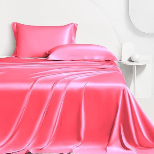 Al Ahmedani Linen Pink Satin Sheets Queen - Luxurious 4-Piece Pink Silk Bed Set Queen - Silky Smooth, Deep-Pocket 1 Fitted Sheet, 1 Flat Sheet, 2