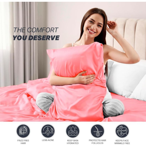 Al Ahmedani Linen Pink Satin Sheets Queen - Luxurious 4-Piece Pink Silk Bed Set Queen - Silky Smooth, Deep-Pocket 1 Fitted Sheet, 1 Flat Sheet, 2