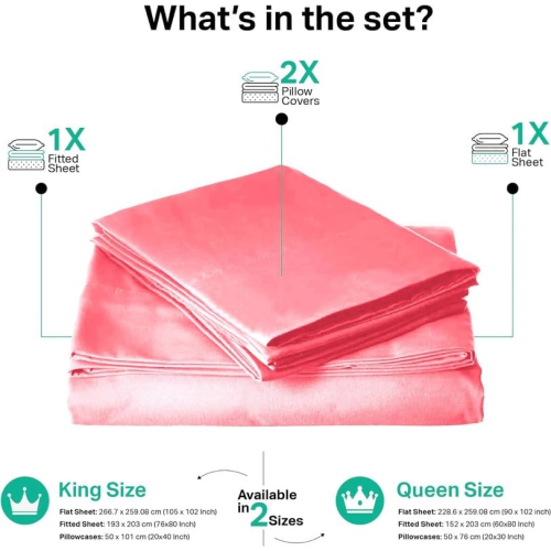 Al Ahmedani Linen Pink Satin Sheets Queen - Luxurious 4-Piece Pink Silk Bed Set Queen - Silky Smooth, Deep-Pocket 1 Fitted Sheet, 1 Flat Sheet, 2