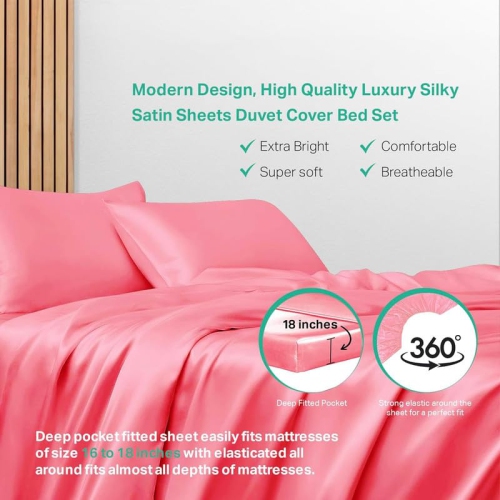Al Ahmedani Linen Pink Satin Sheets Queen - Luxurious 4-Piece Pink Silk Bed Set Queen - Silky Smooth, Deep-Pocket 1 Fitted Sheet, 1 Flat Sheet, 2