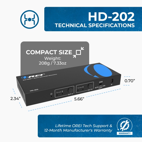 OREI 4K@30Hz 2x2 HDMI Matrix Switch with Audio Extractor
