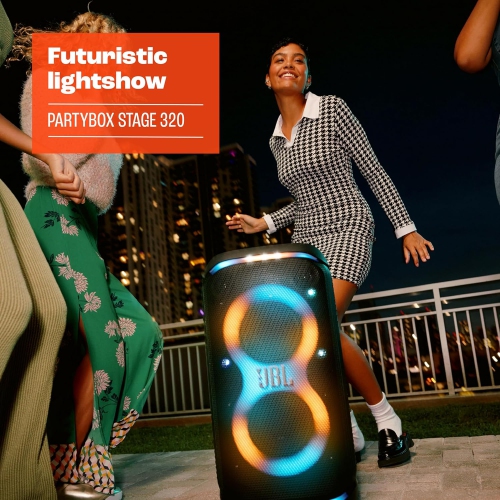 PartyBox Stage 320 de JBL - Haut-parleur de fête portatif avec poignée télescopique, roues larges robustes, son JBL Pro puissant, JBL321-boîte