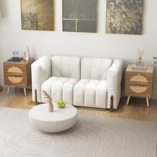 Costway 2Pcs Rattan Nightstand with 2 Drawers Solid Wood Legs Compact Wood Coffee Table