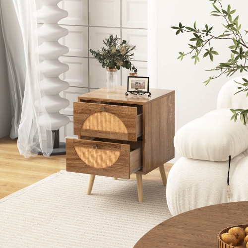 Costway 2Pcs Rattan Nightstand with 2 Drawers Solid Wood Legs Compact Wood Coffee Table