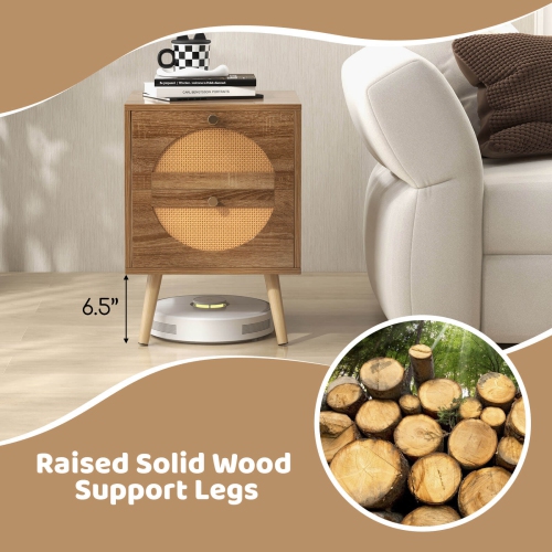 Costway 2Pcs Rattan Nightstand with 2 Drawers Solid Wood Legs Compact Wood Coffee Table