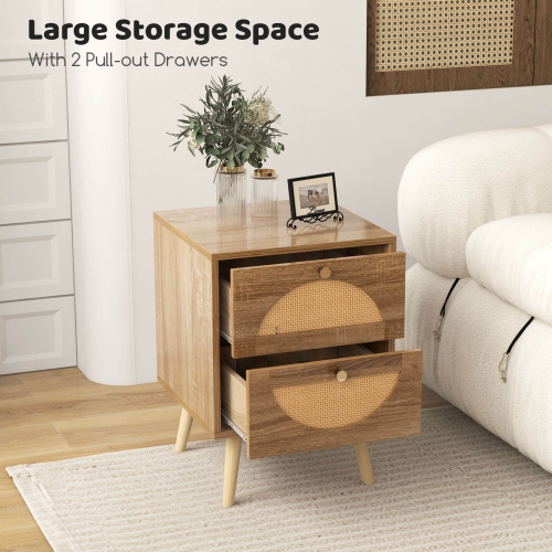 Costway 2Pcs Rattan Nightstand with 2 Drawers Solid Wood Legs Compact Wood Coffee Table