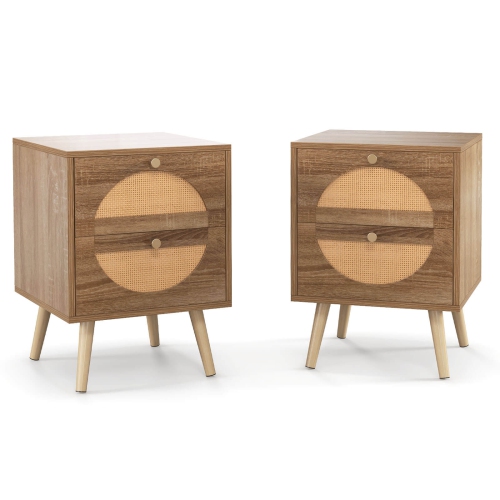 Costway 2Pcs Rattan Nightstand with 2 Drawers Solid Wood Legs Compact Wood Coffee Table
