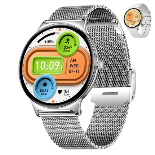 TUTT Smart Watch for Women Men Classic 1.43” | Ultra-Thin Frame | Always-on-Display | Fitness Health Tracker V89 Pro | Two Straps: Steel & Rubber |