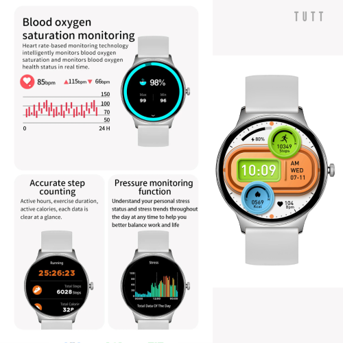 TUTT Smart Watch for Women Men Classic 1.43” | Ultra-Thin Frame | Always-on-Display | Fitness Health Tracker V89 Pro | Two Straps: Steel & Rubber |