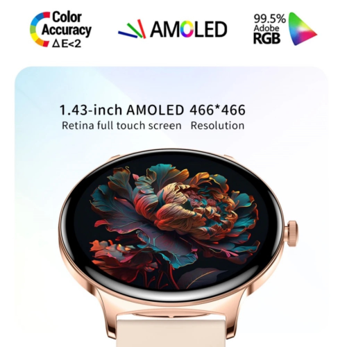 TUTT Smart Watch for Women Men Classic 1.43” | Ultra-Thin Frame | Always-on-Display | Fitness Health Tracker V89 Pro | Two Straps: Steel & Rubber |