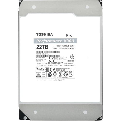 Toshiba X300 PRO 22TB 3.5-Inch Internal Hard Drive – Up to 300 TB/Year Workload Rate CMR SATA 6 Gb/s 7200 RPM 512 MB Cache - HDWR62CXZSTB