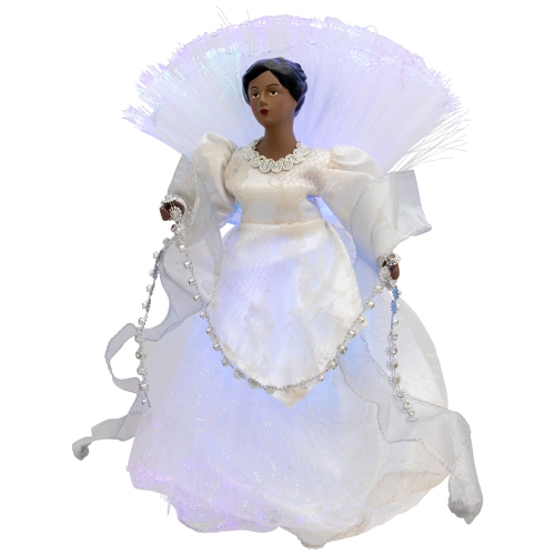 Lighted Fiber Optic African American Angel Christmas Tree Topper - 12" - Silver