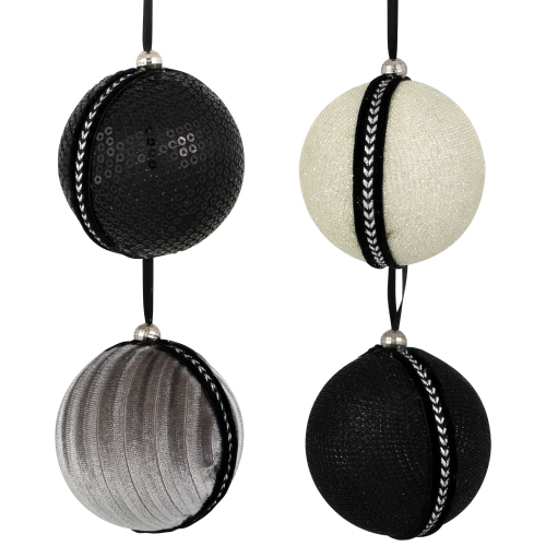 Sequined and Textured Christmas Ball Ornaments - 2.75" - Black - Set of 4