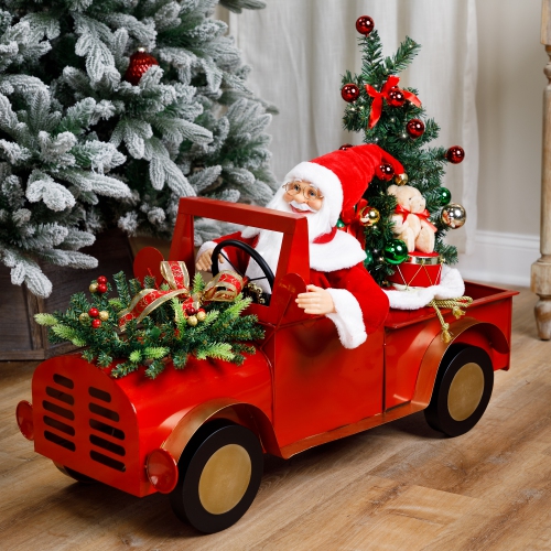 Image 1 of 6.. Animated and Musical Santa Driving Vintage Truck Christmas Decoration - 36.5"