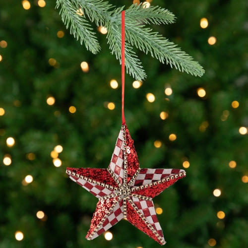 Image 1 de 6.. Ornement étoile de Noël à paillettes et damier - 6&nbsp;po - Rouge et blanc