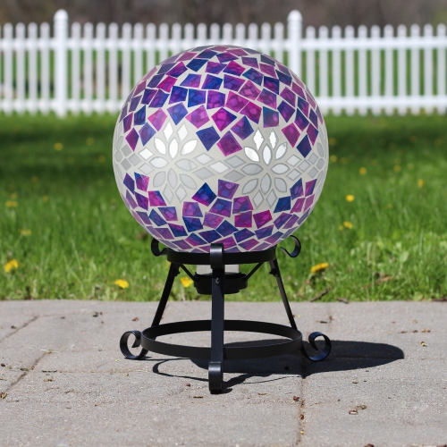 NORTHLIGHT  Mosaic Floral Outdoor Garden Gazing Ball - 10" - Purple And Silver In Pink