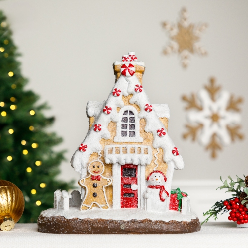 NORTHLIGHT  Snowy Gingerbread Peppermint House With Snowman Christmas Decoration - 11"