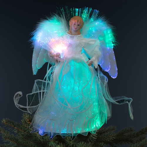 Image 1 of 6.. Fiber Optic Color-Changing Angel with Dove Christmas Tree Topper - 12" - White