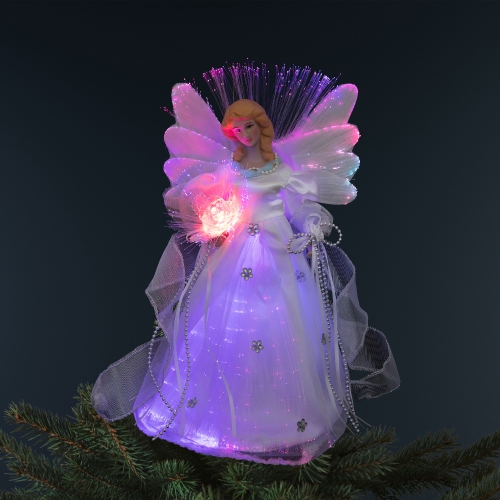 NORTHLIGHT  Color-Changing Fiber Optic Angel With Rose Christmas Tree Topper - 12" - In White