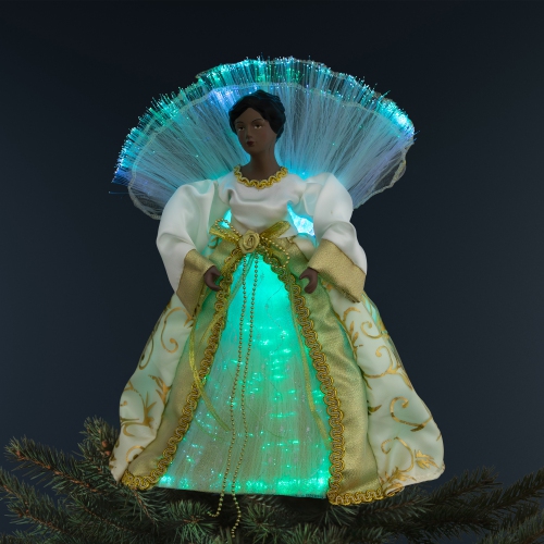Image 1 of 6.. Lighted Fiber Optic African American Angel Christmas Tree Topper - 12" - Gold