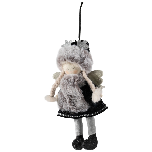 Plush Winter Angel Girl Hanging Christmas Ornament - 8.5" - Gray and Black