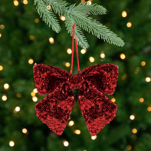 NORTHLIGHT  Shimmering Sequin Bow Christmas Hanging Ornament - 6" - In Red