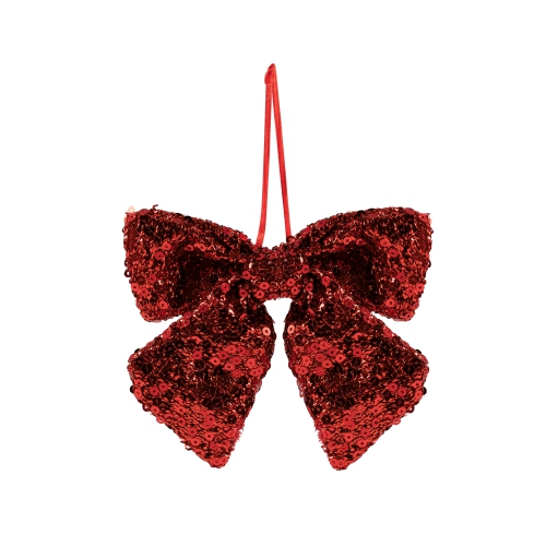 Shimmering Sequin Bow Christmas Hanging Ornament - 6" - Red