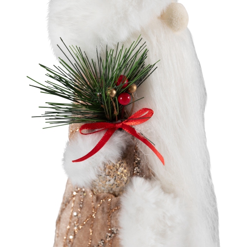Santa Gnome Holding Pine Sprigs in Plush Winter Hat Christmas Figure - 19"