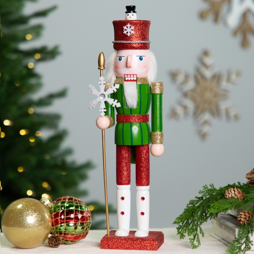 NORTHLIGHT  Glitte Nutcracker With Snowflake Scepter Christmas Figure - 15" - And Green In Red