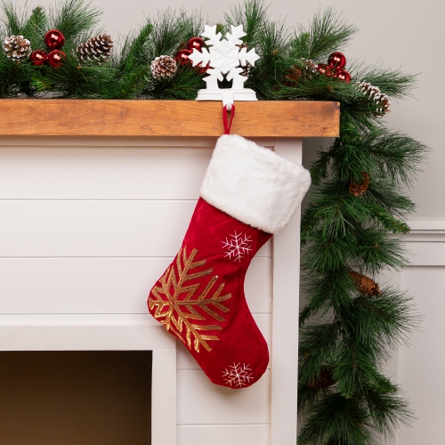 Reindeer and Snowflake Sequin Christmas Stockings - 20" - Red and White - Set of 2