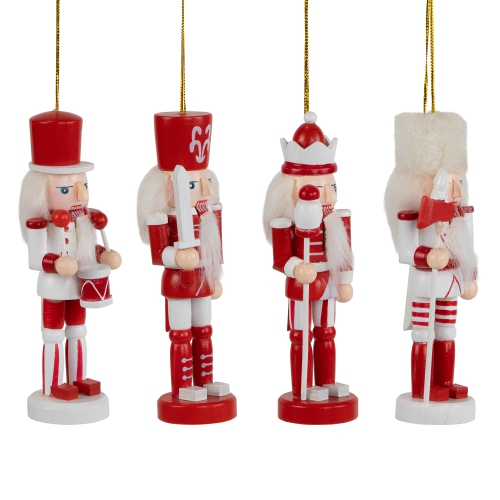 Nutcracker Soldiers Wooden Christmas Ornaments - 5" - Red and White - Set of 4