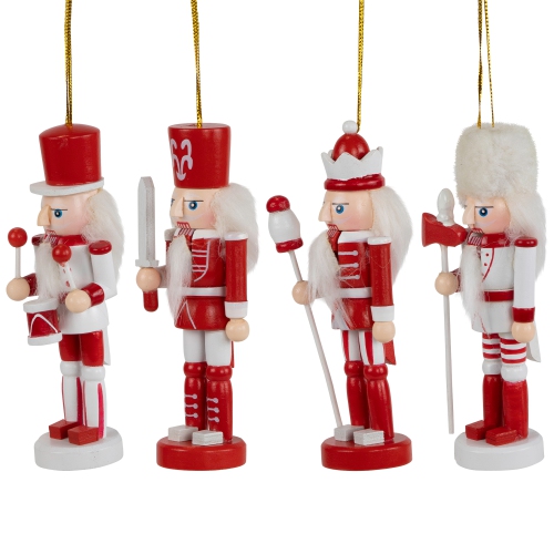 Nutcracker Soldiers Wooden Christmas Ornaments - 5" - Red and White - Set of 4