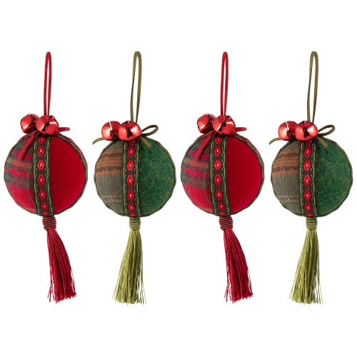 Jingle Bell Plaid Christmas Ball Ornaments - 2.75" - Set of 4 - Red and Green