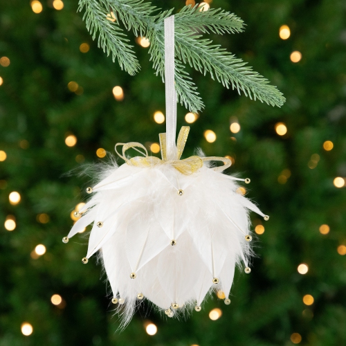 NORTHLIGHT  Feathers With Bead Accents Christmas Ball Ornament - 5" - In White