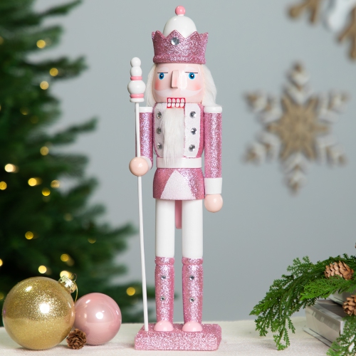 Jeweled and Glittered Nutcracker King Christmas Figure - 15" - Pink and White