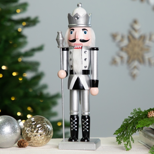 Jeweled Christmas Nutcracker Figure - 14" - Silver and Black