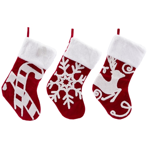 Reindeer and Snowflake Embroidered Christmas Stockings - 20" - Set of 3
