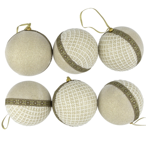Mesh and Ribbon Christmas Ball Ornament - 4" - Gold - Set of 6