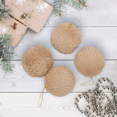 Plush Polka-Dotted Christmas Ball Ornaments - 2.75" - Beige - Set of 4