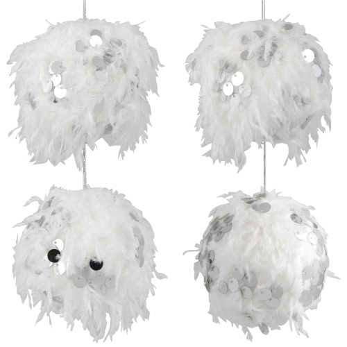 Feather Ball with Large Sequins Christmas Ornaments - 3.5" - White - Set of 4