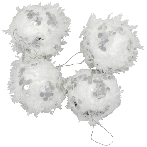 Feather Ball with Large Sequins Christmas Ornaments - 3.5" - White - Set of 4